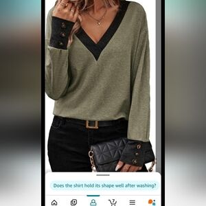 Olive V-Neck Long Sleeve Top with Black Accents New